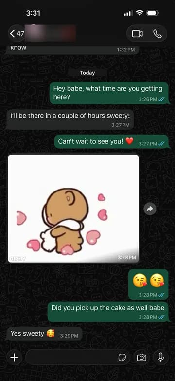 WhatsApp chat screen with the contact name at the top