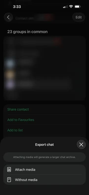 WhatsApp export prompt with the Without Media option