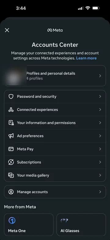 Instagram and Messenger menu showing Accounts Center