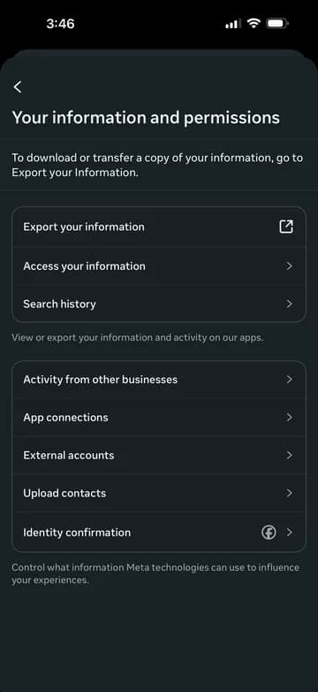Accounts Center screen showing Your information and permissions
