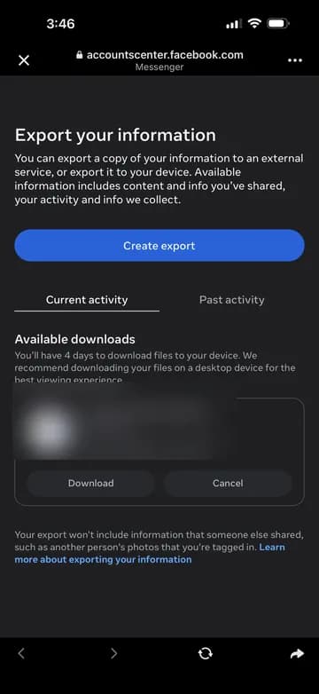 Accounts Center screen showing Export your information and Create export