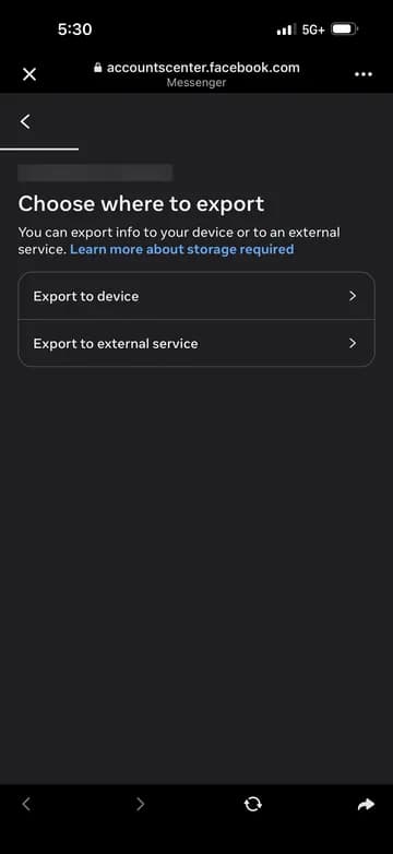 Export destination screen with Export to device selected