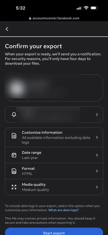 Export page with the Customize information button
